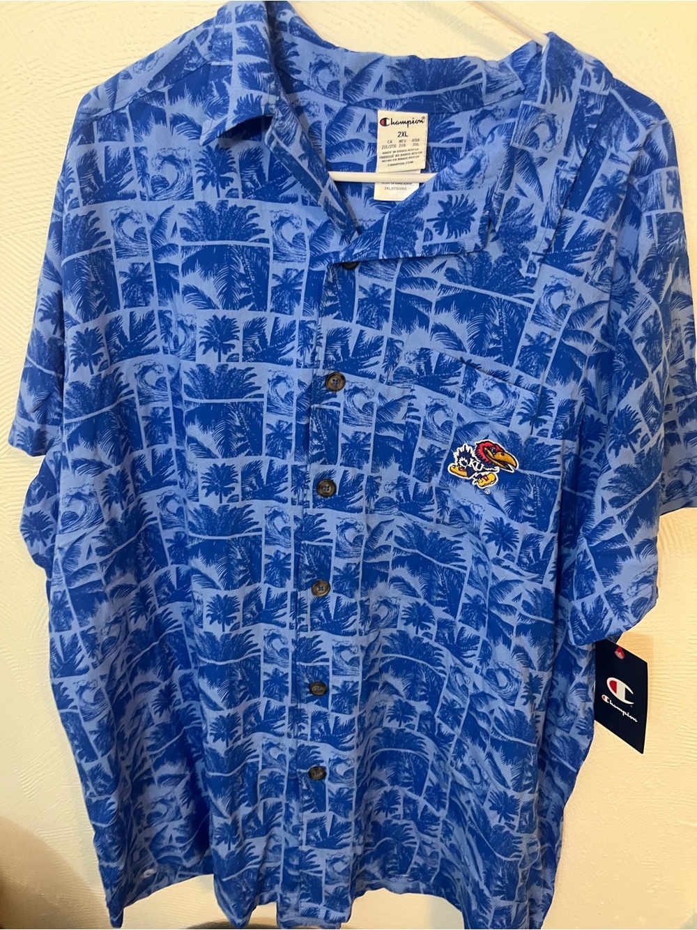 Champion Blue Hawaiian Print Button-Up Shirt with Kansas Jayhawks Patch